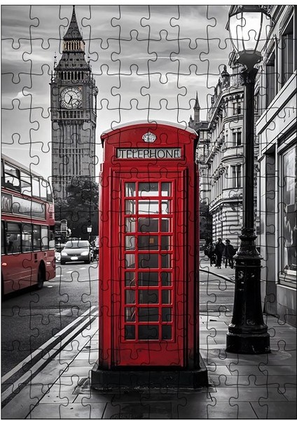 Ahşap Mdf Puzzle Yapboz Big Ben ve Kırmızı Telefon Kulübesi 120 Parça 25*35 cm