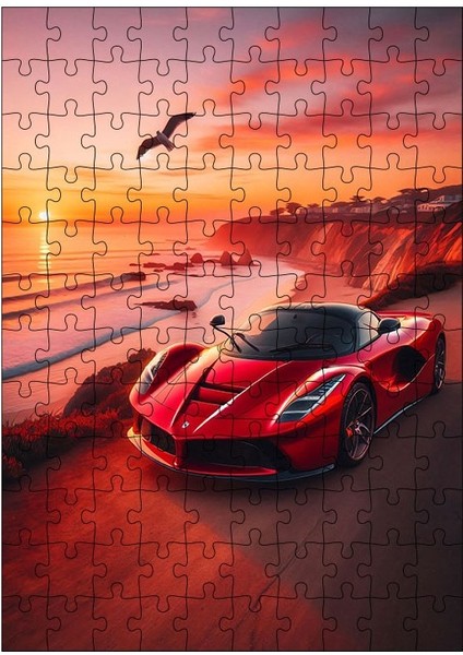 Ahşap Mdf Puzzle Yapboz Kırmızı Spor Araba ve Gün Batımı 120 Parça 25*35 cm