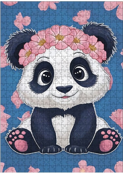 Ahşap Mdf Puzzle Yapboz Pembe Çiçekli Sevimli Panda 500 Parça 50*70 cm