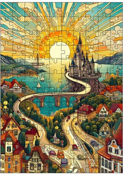 Ahşap Mdf Puzzle Yapboz Kasaba Illüstrasyonu 120 Parça 25*35 cm