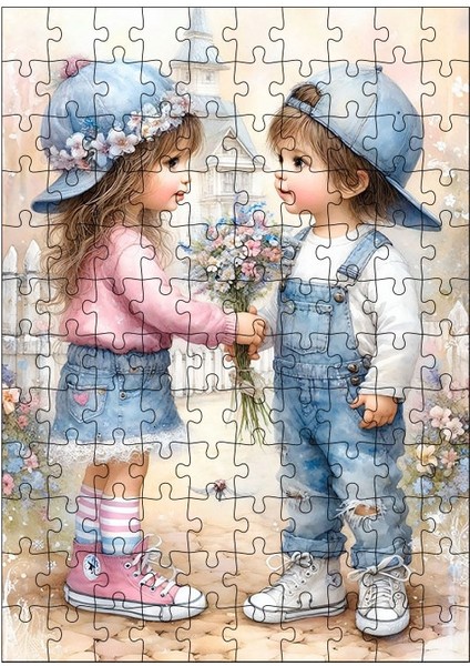 Ahşap Mdf Puzzle Yapboz Birbirine Çiçek Veren Çocuklar 120 Parça 25*35 cm