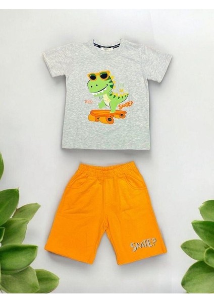 Erkek Çocuk Pamuklu Dinazor Baskılı Şort Takım