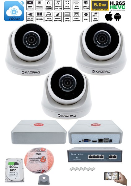 3 Kameralı Ip Dome Güvenlik Kamerası Seti | 4mp Ultra Hd, 30M Gece Görüş, Ses Alma, Uzaktan Izleme