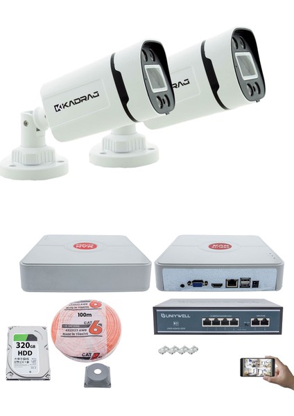 2'li Güvenlik Ip Kamera Seti - 4mp Dış Mekan Kamera H42, 3.6mm Lens, H.265, Poe, Warm Ir Gece Görüşü, 9 Kanal Nvr, 4 Port Poe Switch, 100 Metre Cat6