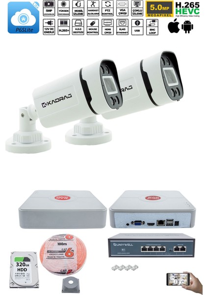 2'li Güvenlik Ip Kamera Seti - 4mp Dış Mekan Kamera H42, 3.6mm Lens, H.265, Poe, Warm Ir Gece Görüşü, 9 Kanal Nvr, 4 Port Poe Switch, 100 Metre Cat6