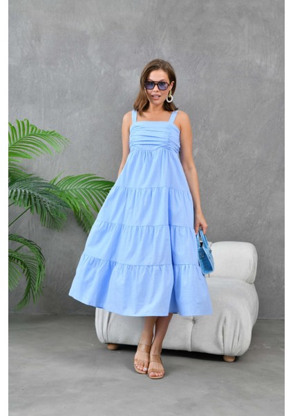 Kadın Bebe Mavi Kalın Askılı Drapeli Gipeli Astarlı Dokuma Elbise