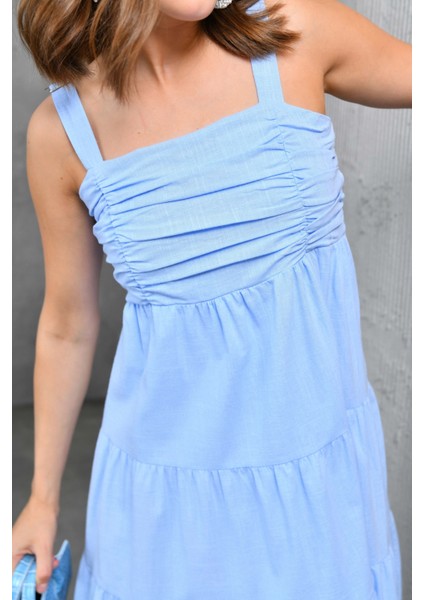 Kadın Bebe Mavi Kalın Askılı Drapeli Gipeli Astarlı Dokuma Elbise fiyatları