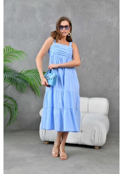 Kadın Bebe Mavi Kalın Askılı Drapeli Gipeli Astarlı Dokuma Elbise modelleri