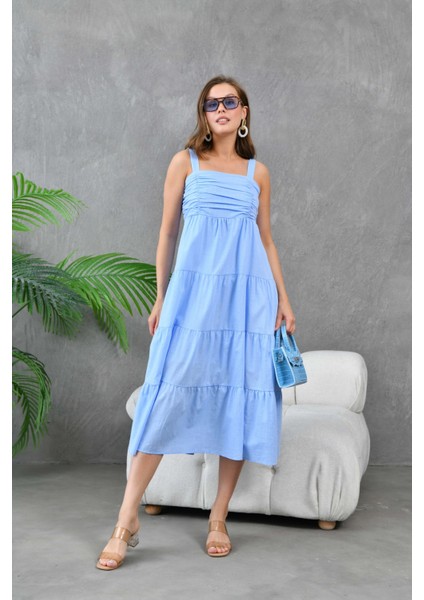 Kadın Bebe Mavi Kalın Askılı Drapeli Gipeli Astarlı Dokuma Elbise fırsatları