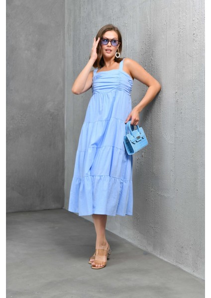 Kadın Bebe Mavi Kalın Askılı Drapeli Gipeli Astarlı Dokuma Elbise indirimleri