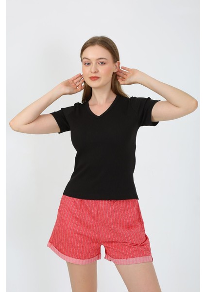 Kadın Kısa Kol Penye Şortlu Pijama Takım Siyah 3633