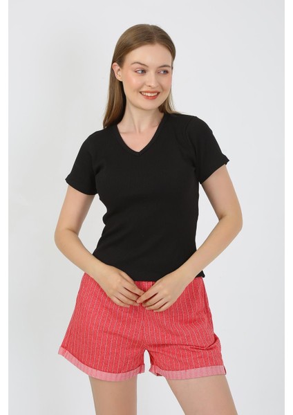 Kadın Kısa Kol Penye Şortlu Pijama Takım Siyah 3633