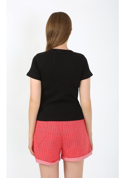 Kadın Kısa Kol Penye Şortlu Pijama Takım Siyah 3633