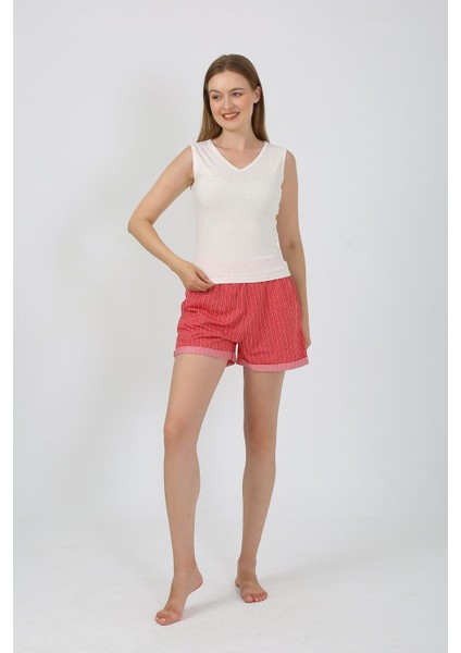 Kadın Kalın Askılı Şortlu Pijama Takım Ekru 3632 modelleri