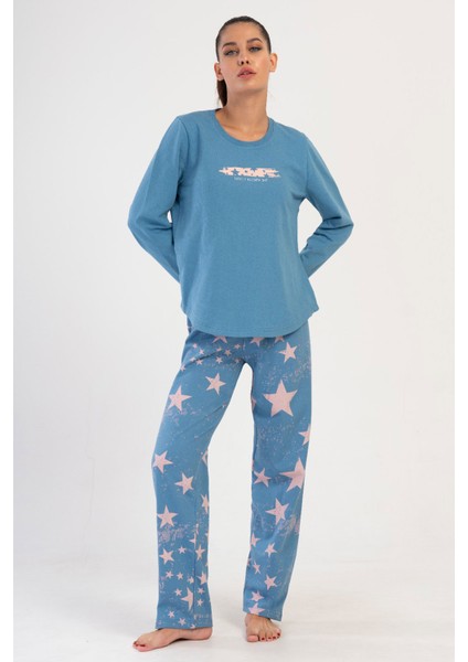 Pamuklu Kadın Büyük Beden Uzun Kol Pijama Takım , 403133