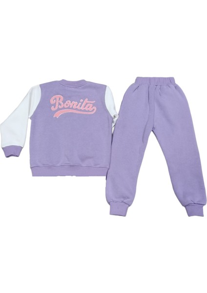 Kız Çocuk Çift Taraf Bonita Yazı Desenli Çıtçıtlı Lila Renk Kolej Eşofman Takımı fiyatları