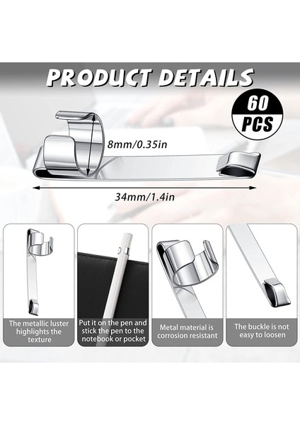 Metal Kalem Klipsleri Kalem Cebi Klipsleri Üzerinde Kaydırmalı, Kalem Tutucu Klipsi Metal Asılabilir Taşınabilir Kalem Klipleri, 60 Adet (Yurt Dışından) fiyatları