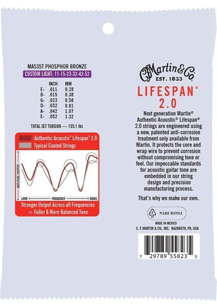 MA535T Sp Lifespan 2.0 Treated Akustik Gitar Teli Custom Light 11-52*