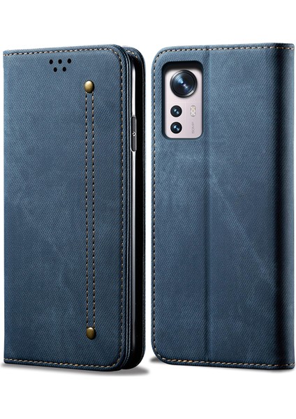 Xiaomi Mi 12 Pro Için Kot Deri Flip Cüzdan Standlı Telefon Kılıfı - Mavi (Yurt Dışından)