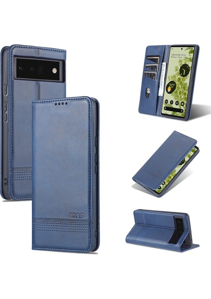 Google Pixel 6 Için Vintage Deri Cüzdan Standı Telefon Kılıfı - Mavi (Yurt Dışından)