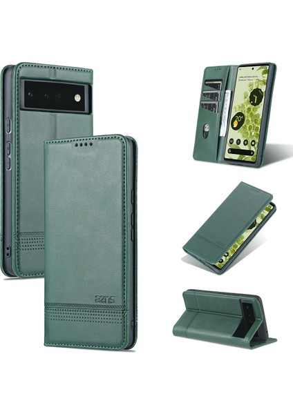 Google Pixel 6 Için Vintage Deri Cüzdan Standı Telefon Kılıfı - Yeşil (Yurt Dışından)