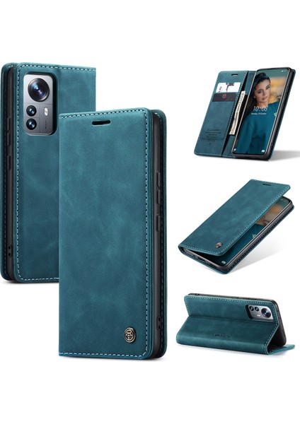 Xiaomi 12 Pro Için Retro Pu Deri Cüzdan Flip Standlı Telefon Kılıfı - Mavi (Yurt Dışından)