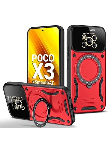 Xiaomi Poco X3 Nfc / X3 Pro Için Çift Katmanlı Manyetik Halka Lens Standı Telefon Kılıfı - Kırmızı (Yurt Dışından)