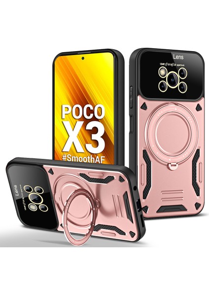 Xiaomi Poco X3 Nfc / X3 Pro Için Çift Katmanlı Manyetik Halka Lens Standı Telefon Kılıfı - Rose Gold (Yurt Dışından)