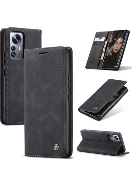 Xiaomi 12 Pro Için Retro Pu Deri Cüzdan Flip Standlı Telefon Kılıfı - Siyah (Yurt Dışından)