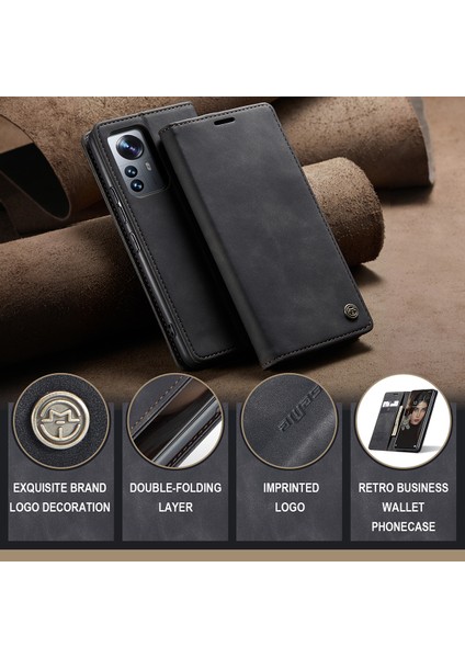 Xiaomi 12 Pro Için Retro Pu Deri Cüzdan Flip Standlı Telefon Kılıfı - Siyah (Yurt Dışından)