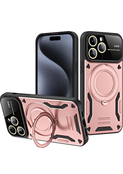iPhone 15 Pro Max Için Çift Katmanlı Manyetik Halka Lens Standı Telefon Kılıfı - Rose Gold (Yurt Dışından)