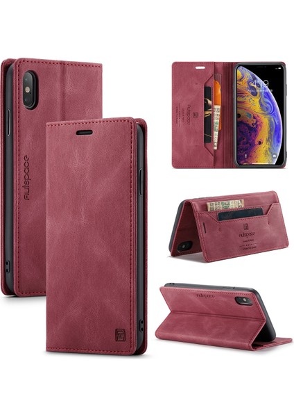 iPhone Xs / iPhone x Için Vinil Deri Kapak Flip Cüzdan Standı Telefon Kılıfı - Kırmızı (Yurt Dışından)