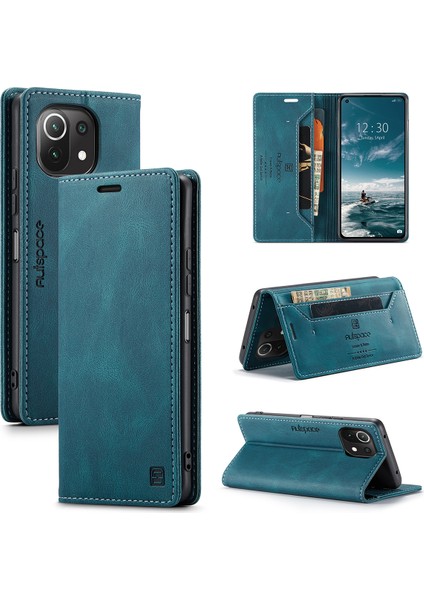 Xiaomi Mi 11 Lite Için Vinil Deri Kapak Flip Cüzdan Standı Telefon Kılıfı - Mavi (Yurt Dışından)