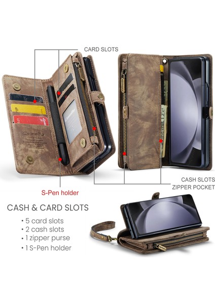 Samsung Galaxy Z Fold 5 Için Vintage Çok Fonksiyonlu Deri Kapak Flip Cüzdan Kart Yuvaları Fermuar Telefon Kılıfı Kahverengi (Yurt Dışından)