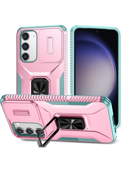 Samsung Galaxy S23+ Için Halka Standlı ve Kayar Kamera Kapaklı Çift Katmanlı Telefon Kılıfı - Pembe (Yurt Dışından)
