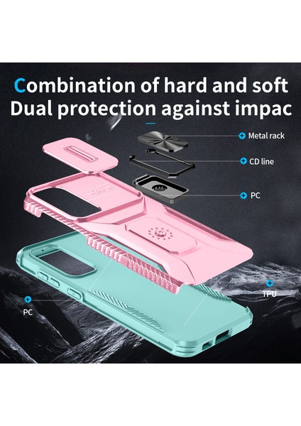 Samsung Galaxy S23+ Için Halka Standlı ve Kayar Kamera Kapaklı Çift Katmanlı Telefon Kılıfı - Pembe (Yurt Dışından)