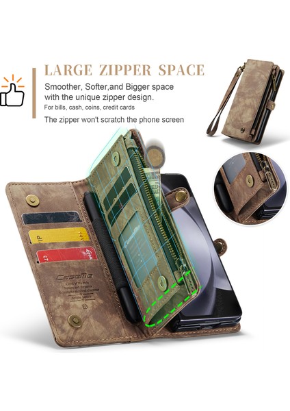 Samsung Galaxy Z Fold 5 Için Vintage Çok Fonksiyonlu Deri Kapak Flip Cüzdan Kart Yuvaları Fermuar Telefon Kılıfı Kahverengi (Yurt Dışından)