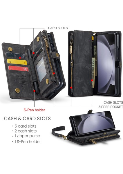 Samsung Galaxy Z Fold 5 Için Vintage Çok Fonksiyonlu Deri Kapak Flip Cüzdan Kart Yuvaları Fermuar Telefon Kılıfı Siyah (Yurt Dışından)