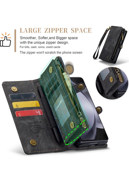 Samsung Galaxy Z Fold 5 Için Vintage Çok Fonksiyonlu Deri Kapak Flip Cüzdan Kart Yuvaları Fermuar Telefon Kılıfı Siyah (Yurt Dışından)