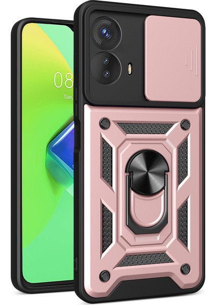 Motorola Moto G73 Için Halka Ayaklı ve Kayar Kamera Kapaklı Telefon Kılıf - Rose Gold (Yurt Dışından)