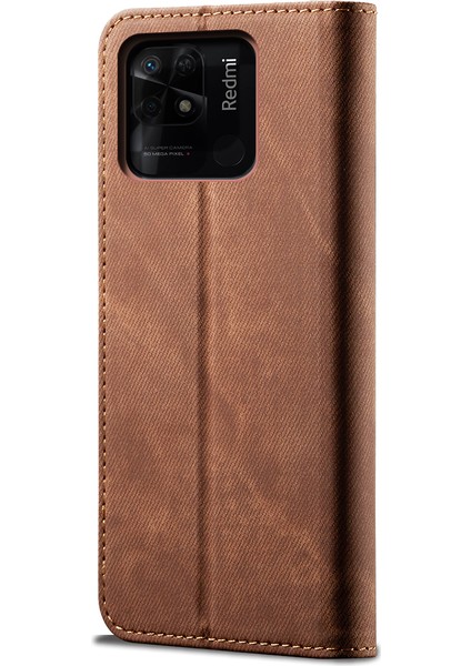 Xiaomi Redmi 10C Için Kot Deri Flip Cüzdan Standlı Telefon Kılıfı - Kahverengi (Yurt Dışından)