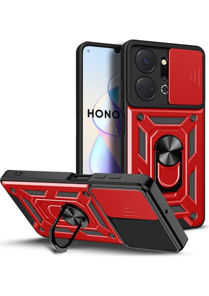 Honor X7A Için Halka Ayaklı ve Kayar Kamera Kapaklı Telefon Kılıf - Kırmızı (Yurt Dışından)