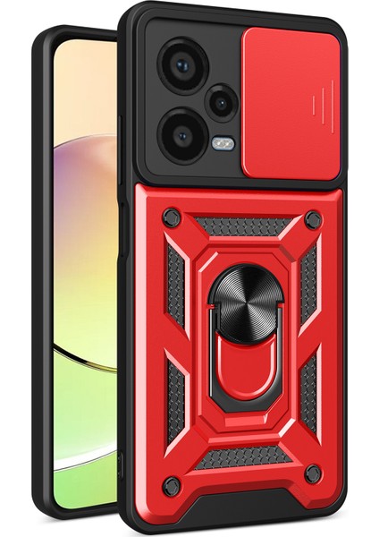 Xiaomi Redmi Note 12 Pro+ Için Halka Ayaklı ve Kayar Kamera Kapaklı Telefon Kılıf - Kırmızı (Yurt Dışından)