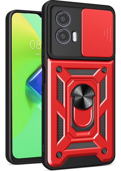 Motorola Moto G53 Için Halka Ayaklı ve Kayar Kamera Kapaklı Telefon Kılıf - Kırmızı (Yurt Dışından)