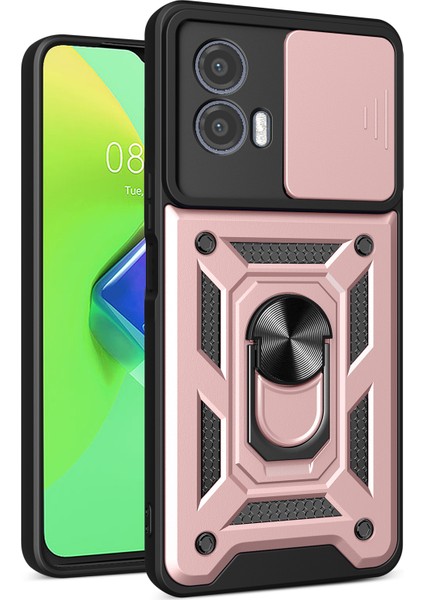 Motorola Moto G53 Için Halka Ayaklı ve Kayar Kamera Kapaklı Telefon Kılıf - Rose Gold (Yurt Dışından)