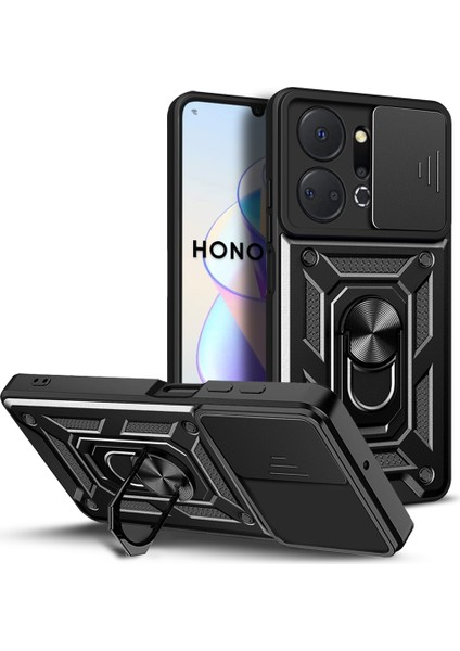 Honor X7A Için Halka Ayaklı ve Kayar Kamera Kapaklı Telefon Kılıf - Siyah (Yurt Dışından)