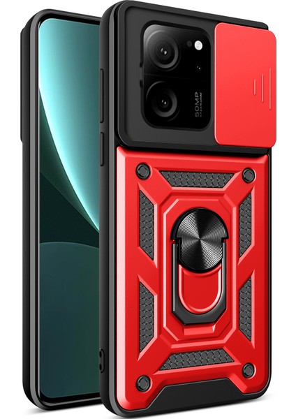 Xiaomi 13T / 13T Pro / Redmi K60 Ultra Için Halka Ayaklı ve Kayar Kamera Kapaklı Telefon Kılıf - Kırmızı (Yurt Dışından)