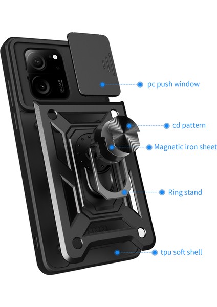 Xiaomi 13T / 13T Pro / Redmi K60 Ultra Için Halka Ayaklı ve Kayar Kamera Kapaklı Telefon Kılıf - Altın (Yurt Dışından) fırsatları