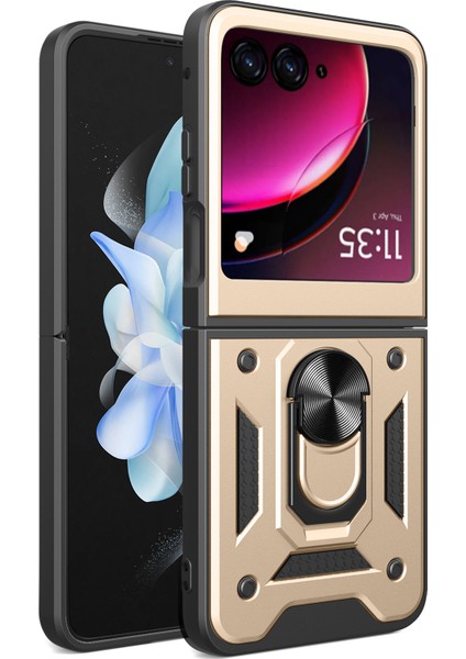 Motorola Razr 40 Ultra Için Halka Ayaklı ve Kayar Kamera Kapaklı Telefon Kılıf - Altın (Yurt Dışından)