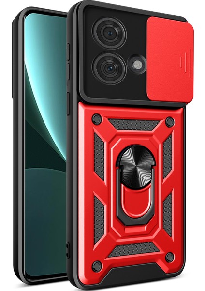 Motorola Edge 40 Neo Için Halka Ayaklı ve Kayar Kamera Kapaklı Telefon Kılıf - Kırmızı (Yurt Dışından)